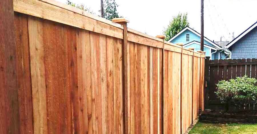 A tall wooden fence with vertical planks and evenly spaced posts separates two residential yards. Houses are visible in the background on a cloudy day.